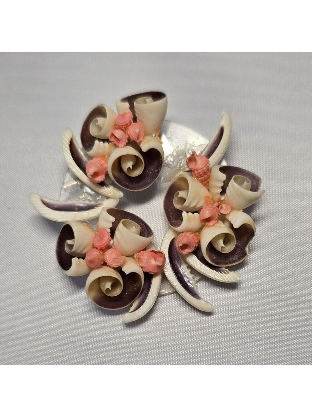 Vintage Floral Shell Brooch - Pink and Purple